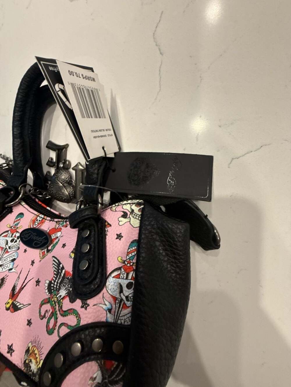 Ed Hardy Pink Tattoo Print Vegan Leather Studded Small Satchel Bag NWT - Picture 7 of 13